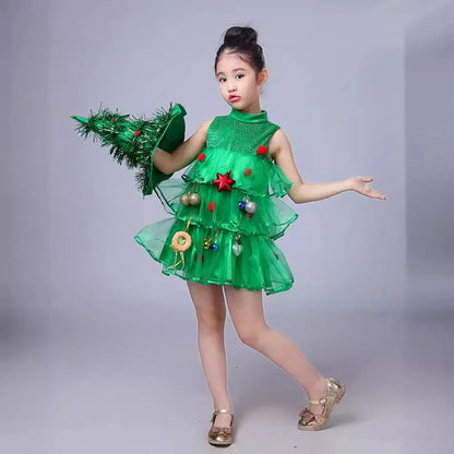 Kids Girls Xmas Cosplay Green Party Dress