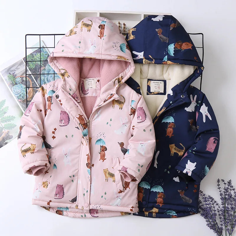 Animal Printed Windproof Kids Girls Warm Fleece Jackets childrensterritory