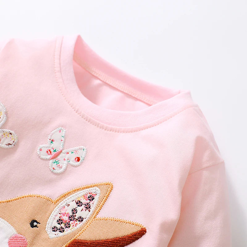 Kids Girls Cartoon Deers Embroidery Cotton Top childrensterritory