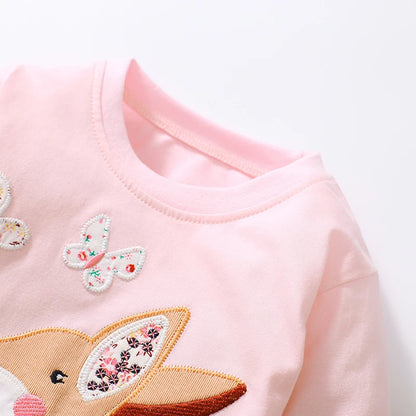 Kids Girls Cartoon Deers Embroidery Cotton Top childrensterritory