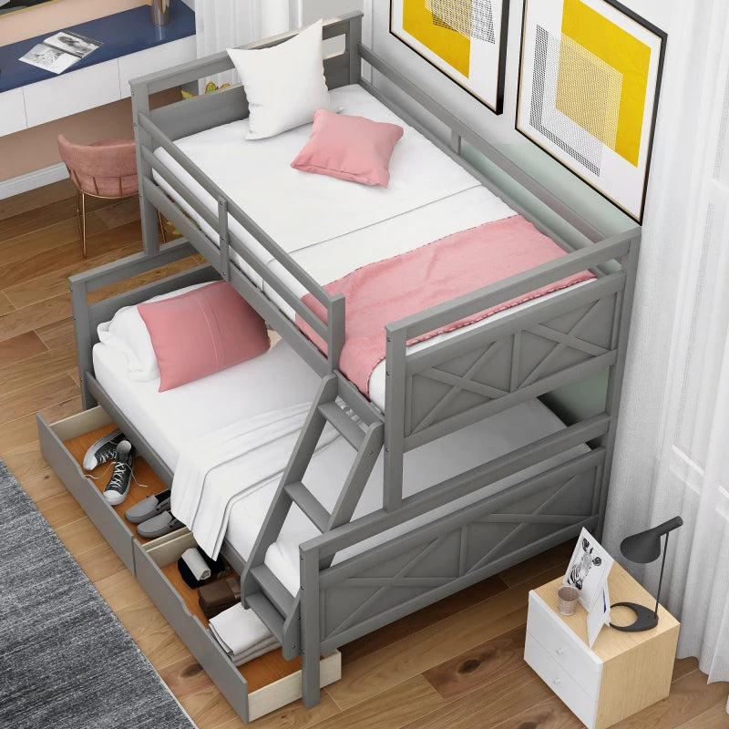 A Twin Over Bunk Bed Featuring Storage Drawers and Ladders childrensterritory