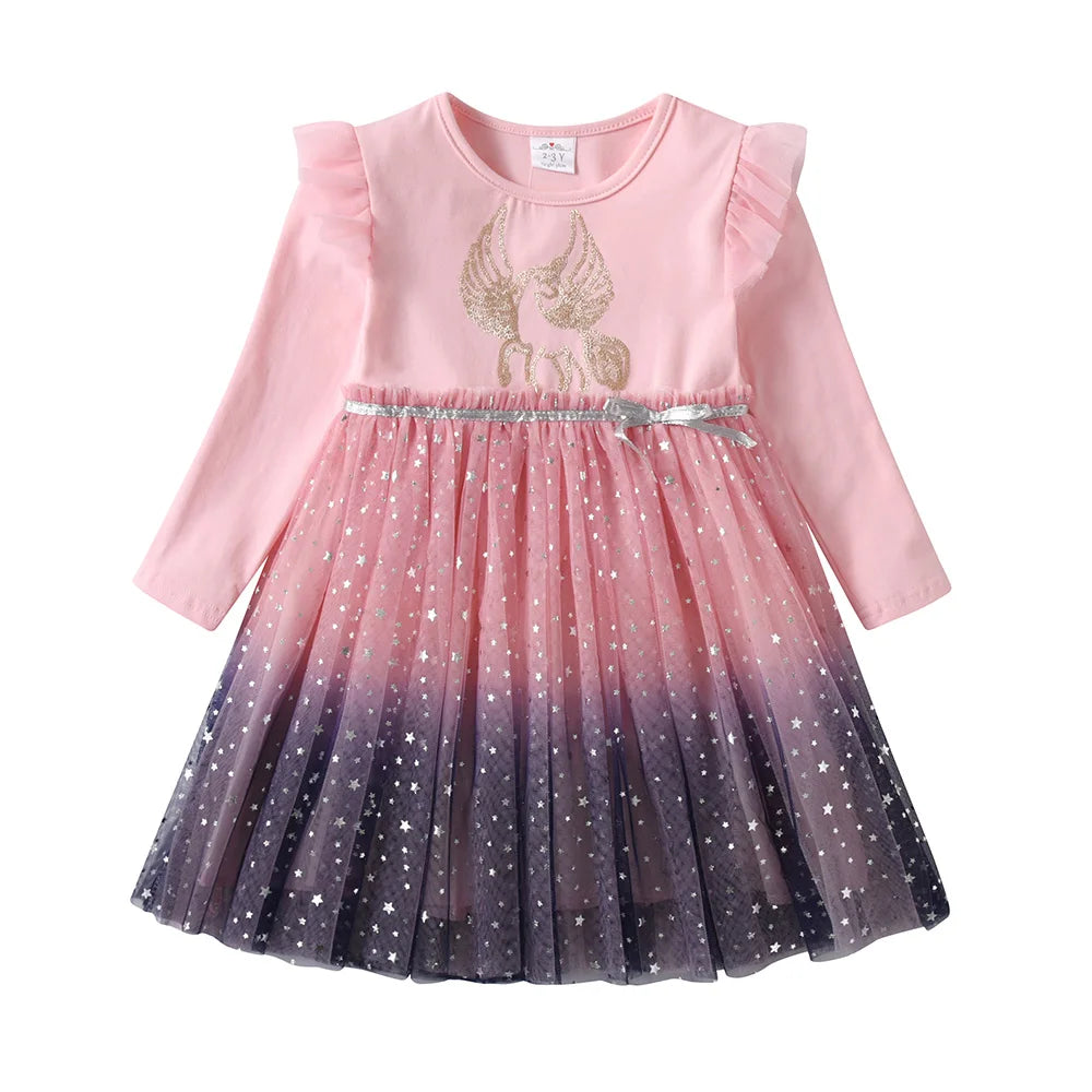 Cartoon Print Long Sleeve Girls Sequined Princess Dresses childrensterritory