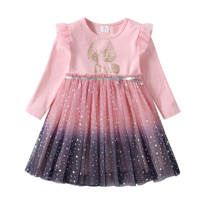 Cartoon Print Long Sleeve Girls Sequined Princess Dresses childrensterritory