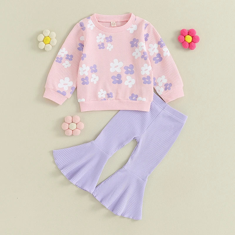 Floral Print Tops with Flare Pants Fall Clothing Set for Girls childrensterritory