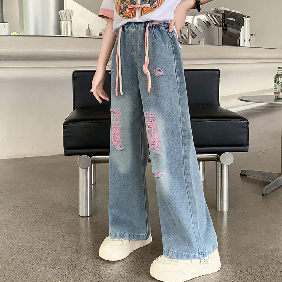 Casual Style Girls Big Hole Ripped Jeans for Spring Autumn childrensterritory