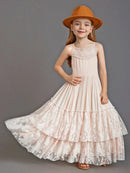 Girls' Sleeveless Flower Lace Design Long Dresses childrensterritory