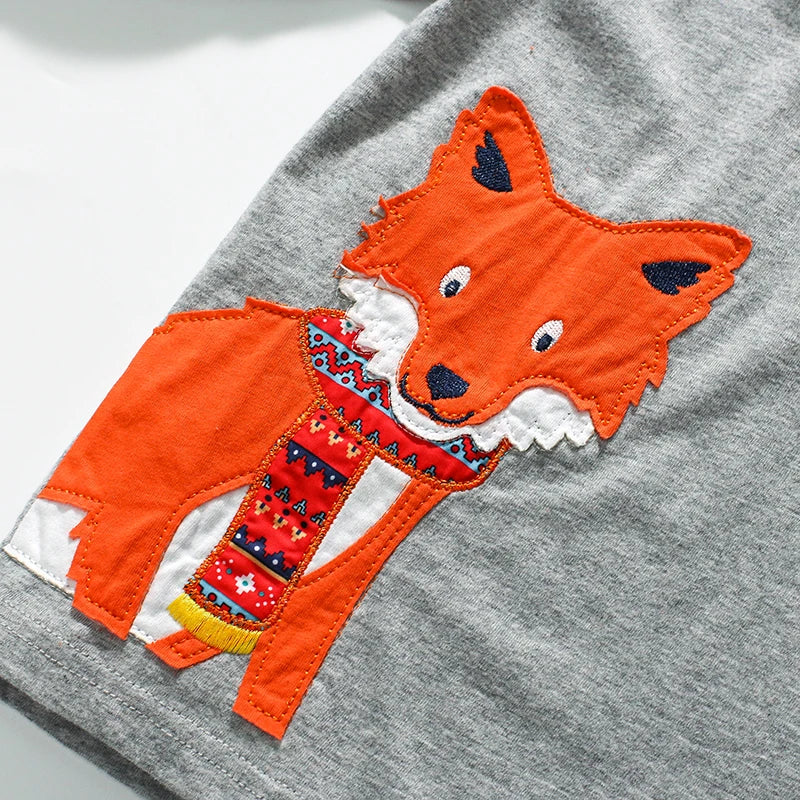 Kids Boys Cartoon Fox Embroidered Cotton T-shirts childrensterritory