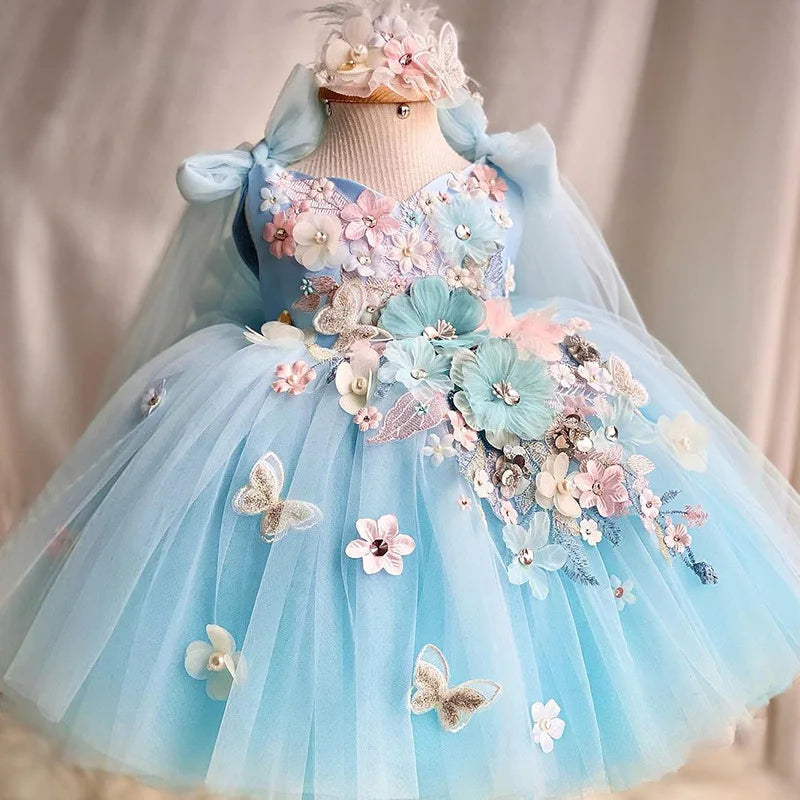 Elegant 3D Flower Butterfly Design Formal Party Dresses childrensterritory