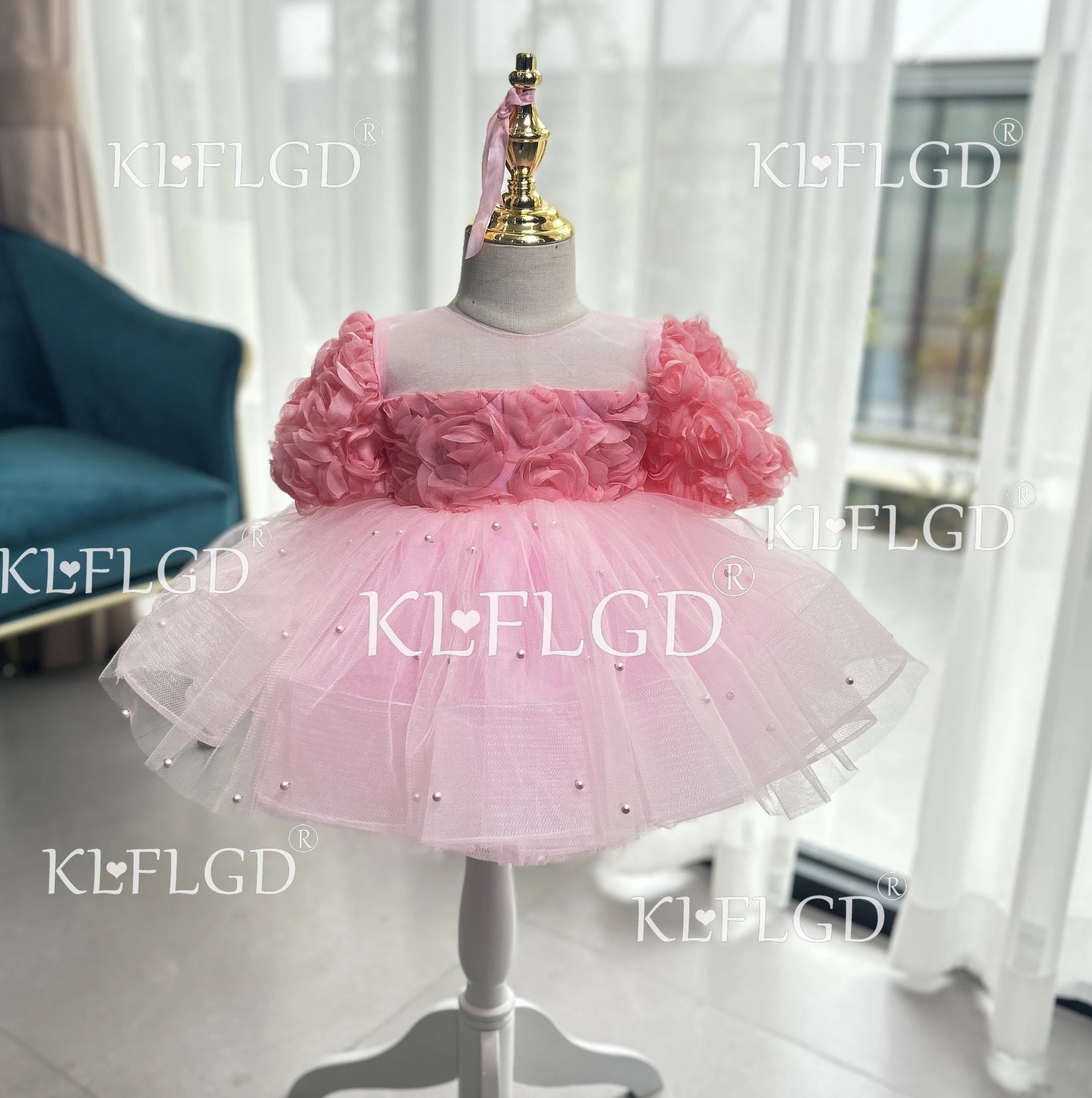 Girls Rose Design Fluffy Birthday Party Dresses