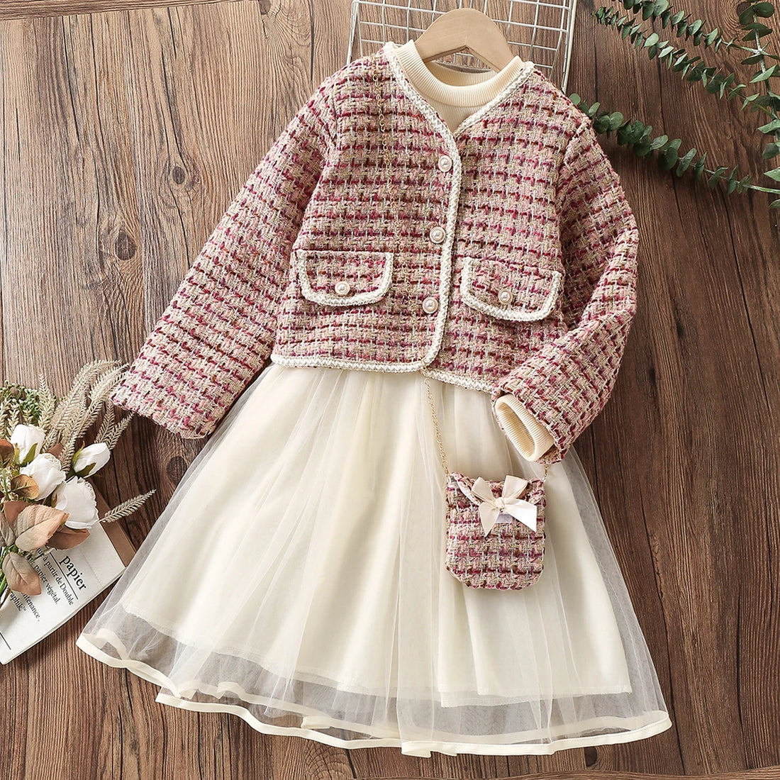 Girls 2pcs Preppy Outfits Coat &amp; Dress Set for Birthday Party childrensterritory