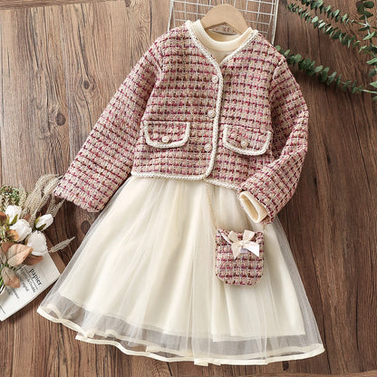 Girls 2pcs Preppy Outfits Coat &amp; Dress Set for Birthday Party childrensterritory