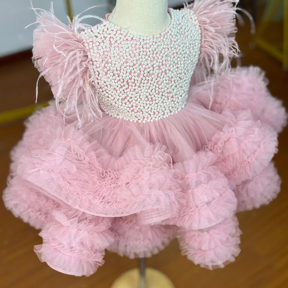 Pink Flower Girl Dress with Layers of Tulle for Wedding or Birthday