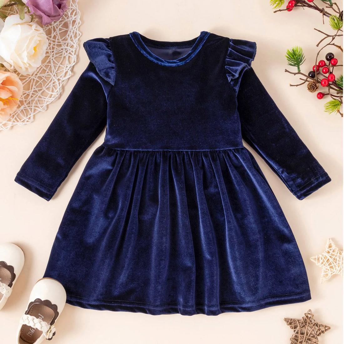 Girls’ Cozy Solid Color Long-Sleeve Winter Dresses childrensterritory