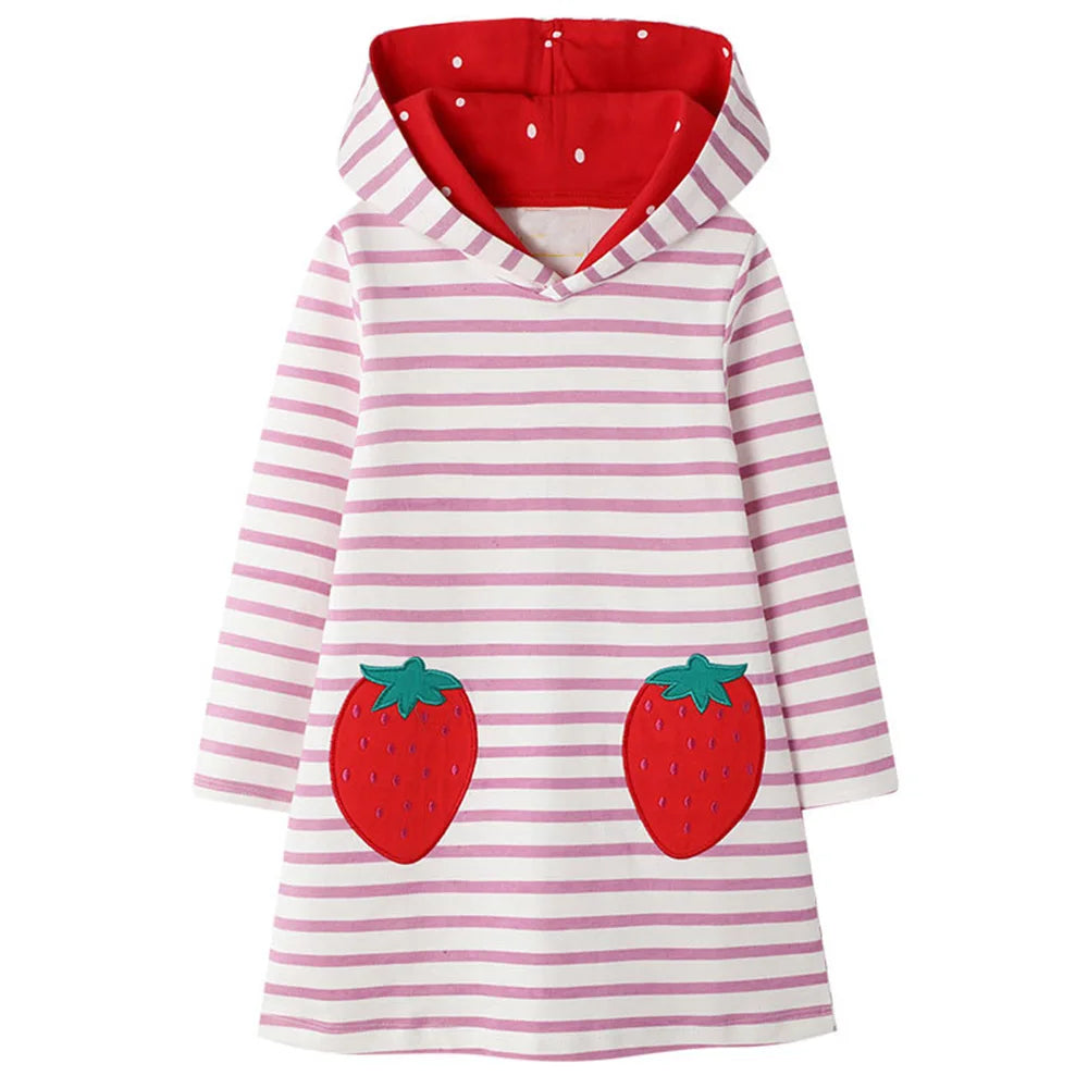 Kids Girls Strawberry Applique Hooded Dress childrensterritory