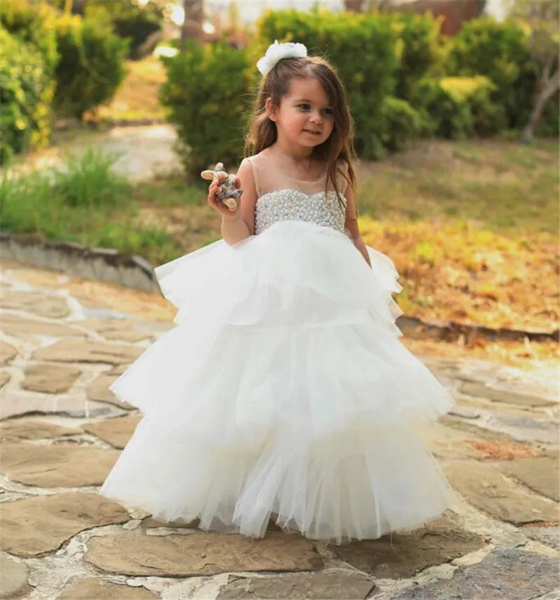 White Puffy Sheer Neck Glitter Pearls Beading Kids Pageant Gowns childrensterritory