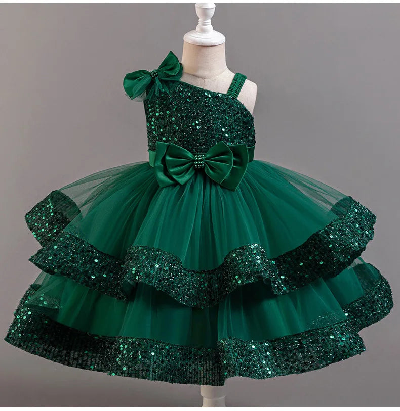 Kids Girls Sequins and Bow Design Birthday Party Flower Dresses