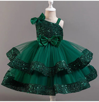 Kids Girls Sequins and Bow Design Birthday Party Flower Dresses