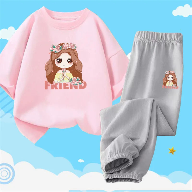 2pcs Kids Girls Cute Cartoon Print T-shirts + Pants Summer Outfit childrensterritory