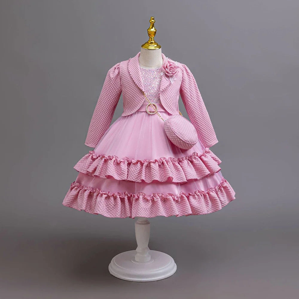 Little Girls Elegant Fluffy Princess Dress Set for Spring Autumn