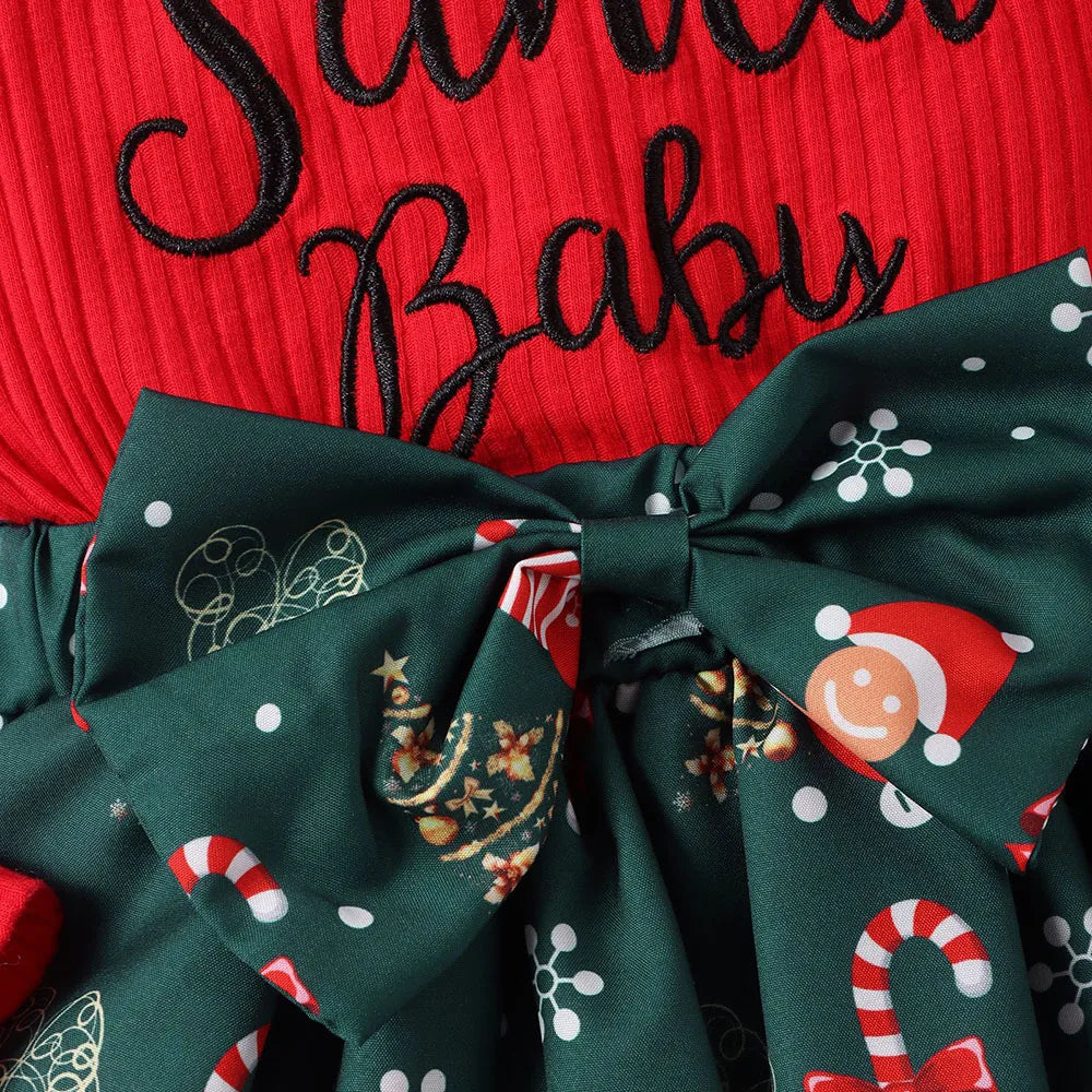 Long-Sleeve Bow Design Christmas Outfit For Baby Girls