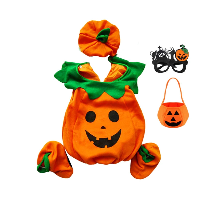 Kids Girls Fancy Cosplay Dresses for Halloween with Pumpkin Bag