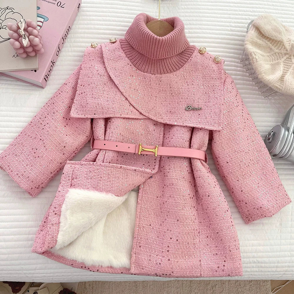Girls' Long-Sleeved Belt Design Winter Coat
