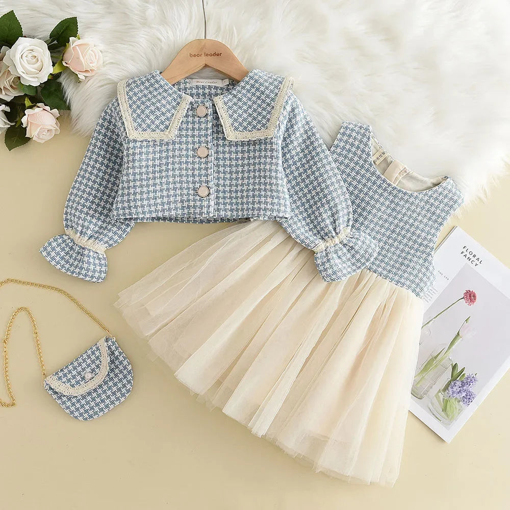 Kids Girls Retro Style Plaid Winter Party Dresses 2pcs Set