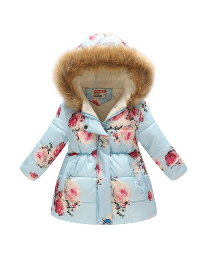 Kids Girls Cotton-Padded Flower Print and Fleece Hooded Jackets childrensterritory