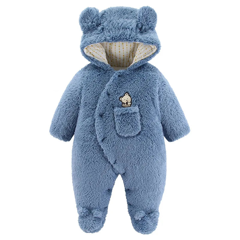 Baby Cartoon Pattern Hooded Fleece Rompers