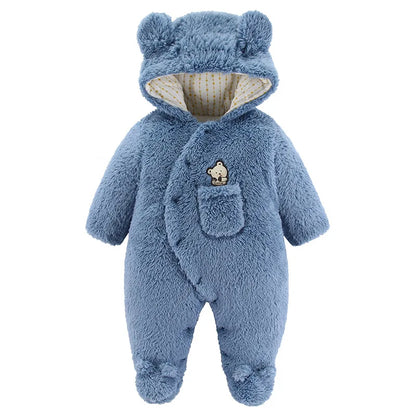 Baby Cartoon Pattern Hooded Fleece Rompers