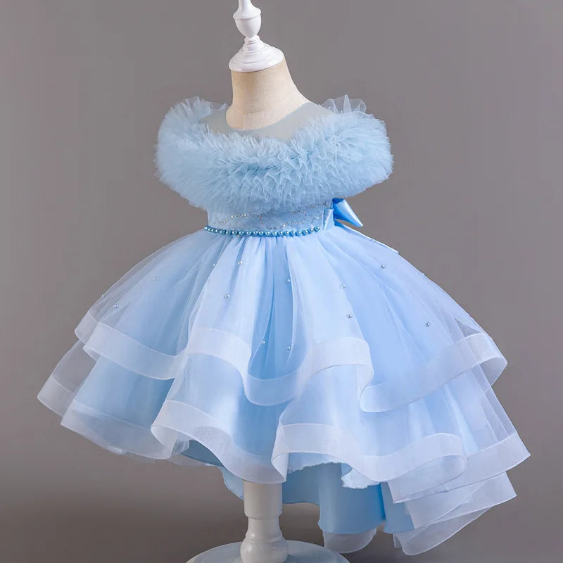 Little Girls Fluffy Solid Color Mesh Lace Design Party Dresses childrensterritory