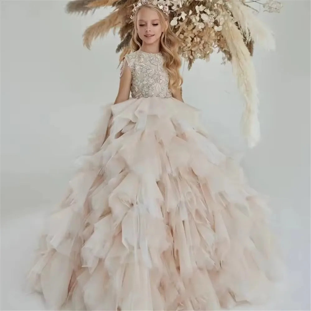 Kids Girls Puffy Long Tulle Beads Pageant Party Gown