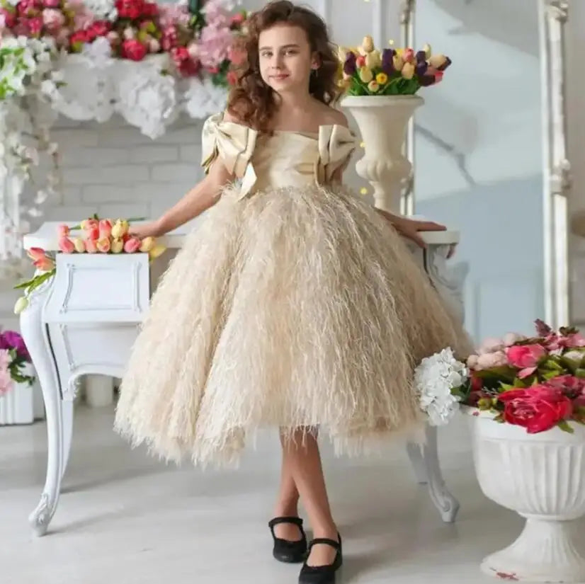 Light Champagne Satin Off Shoulder Princess Party Gown childrensterritory