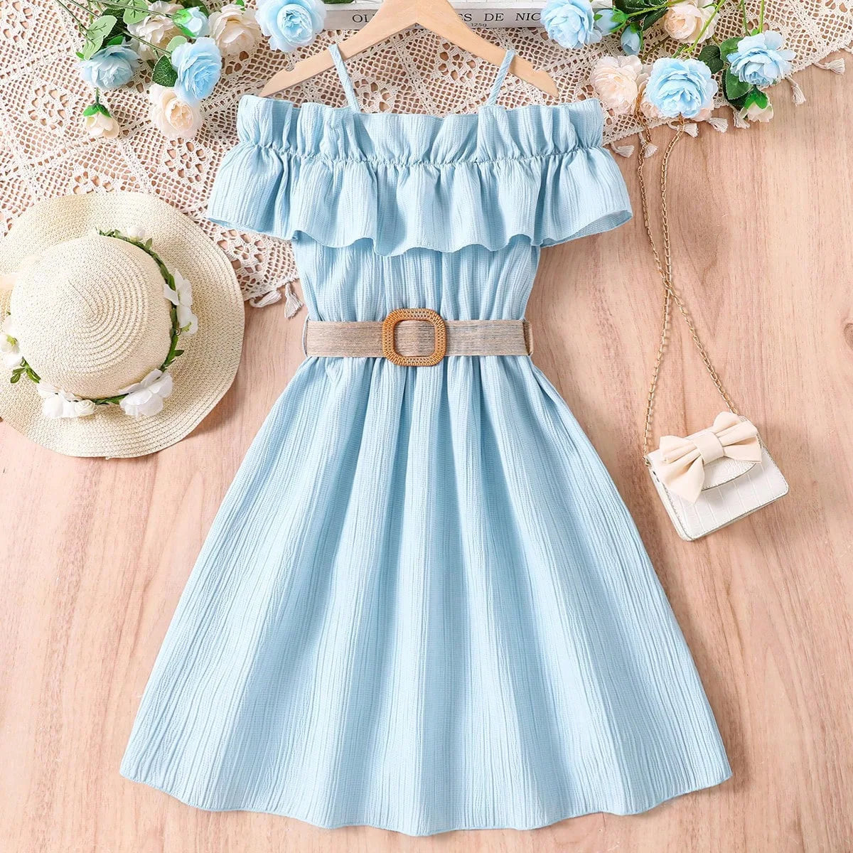 Kids Girls Off Shoulder Formal Summer Party Dresses With Belt