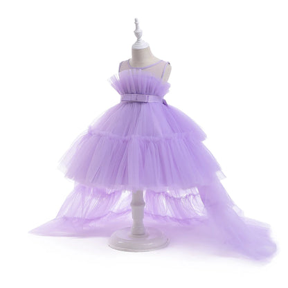 Kids Girls Formal Puffy Princess Wedding Birthday Dress with Trail