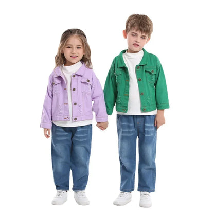 Candy Color Unhooded Denim Jacket for Little Boys Girls childrensterritory