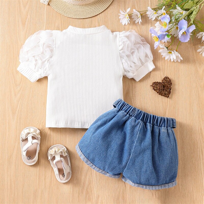Kids Girl Ribbed Tops Belted Denim Shorts 2Pcs Outfits childrensterritory