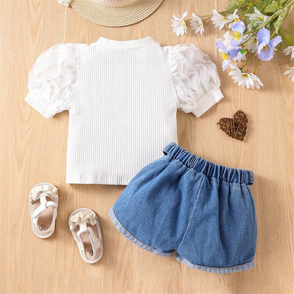 Kids Girl Ribbed Tops Belted Denim Shorts 2Pcs Outfits childrensterritory