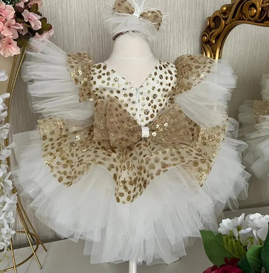 Baby/Kids Girls Gold Top Ivory Tulle Knee Length Dress