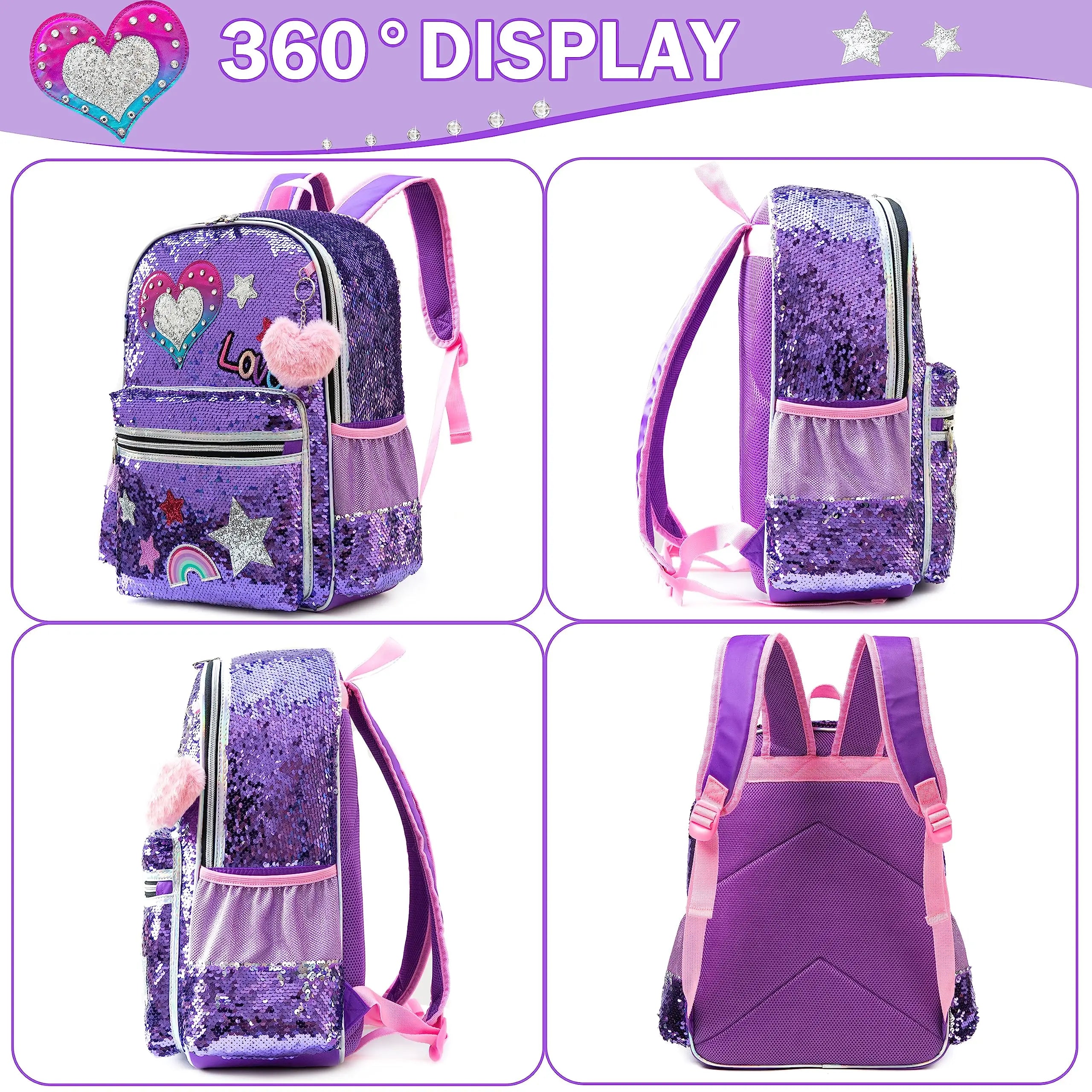 Kids Sequin Backpack with Lunch Box Pencil Case for Girls