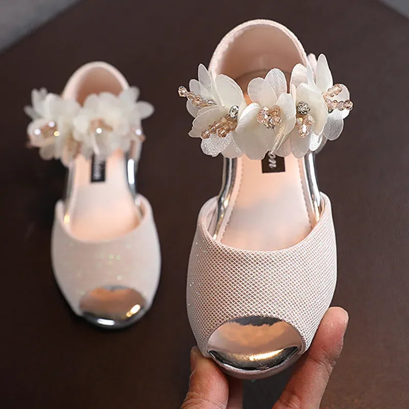 Girls Low Heel Rhinestone Flower Wedding Party Princess Shoes childrensterritory