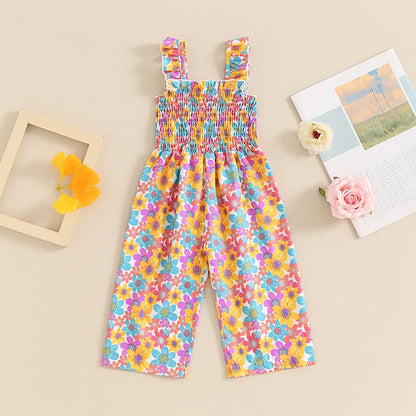 Little Girls Lovely Floral Print Wide Leg Summer Jumpsuit childrensterritory