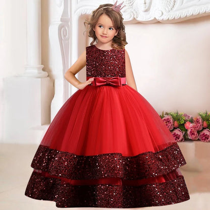 Sequins Bowknot Design Long Princess Dresses for Girls childrensterritory