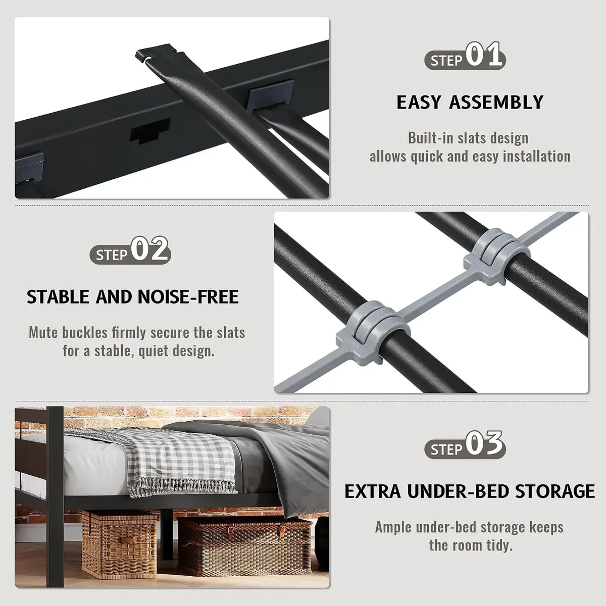 Sturdy Metal Frame Bunk Bed with Slats and Side Rails