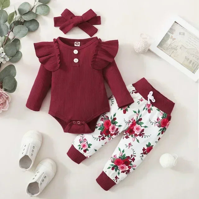 3Pcs Newborn Girl Bodysuit, Bow, Floral Pants Clothing Set