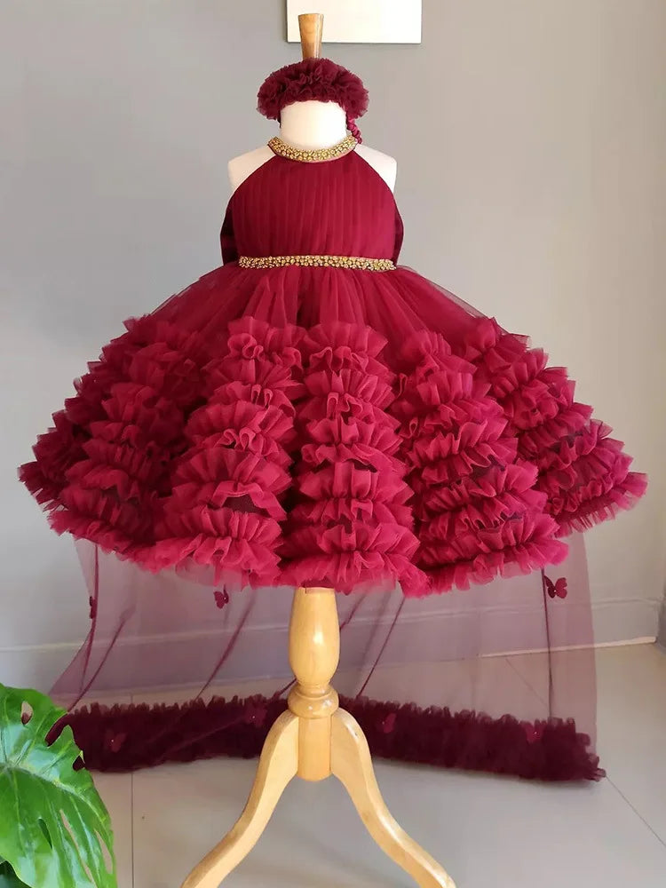 Wine Red Fluffy Baby/Kid Girls' Formal Princess Party Dress