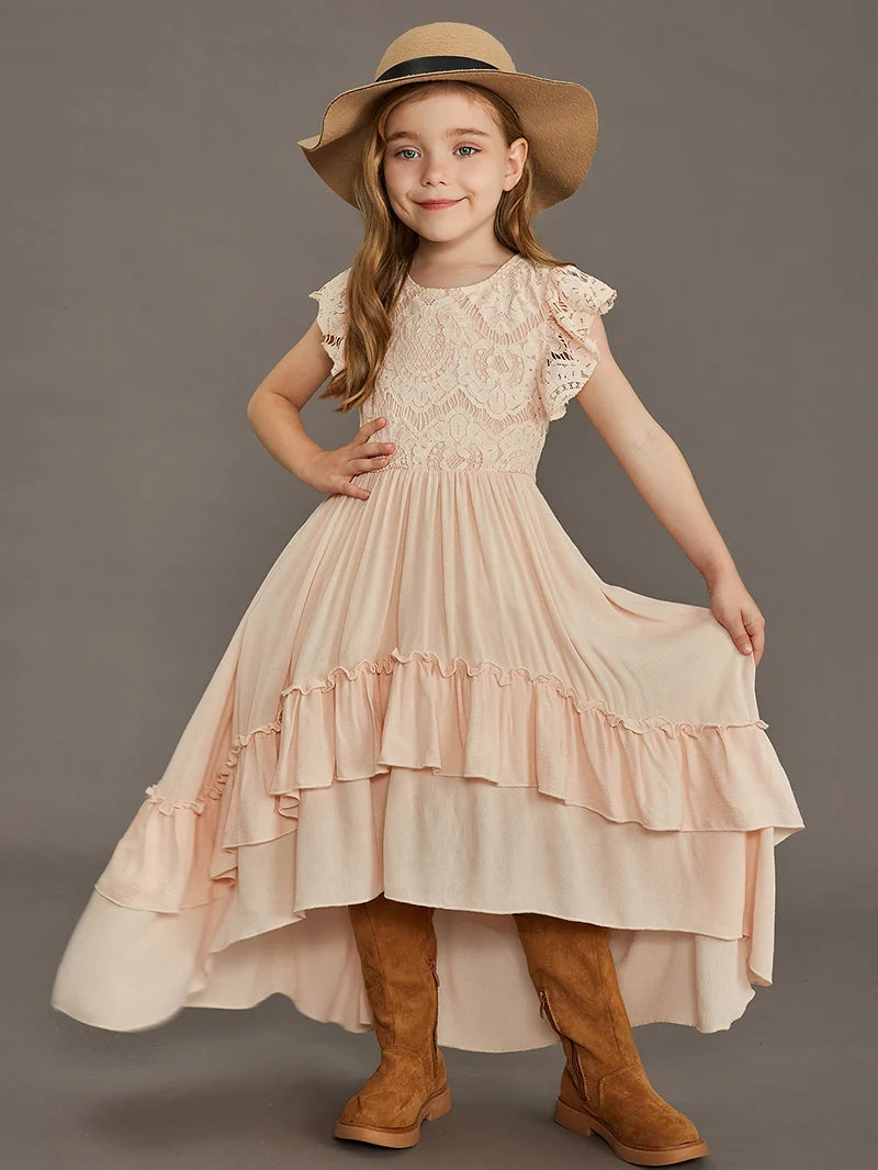 Kids Girls Stylish Lace Design Cotton Bohemia Long Dresses childrensterritory