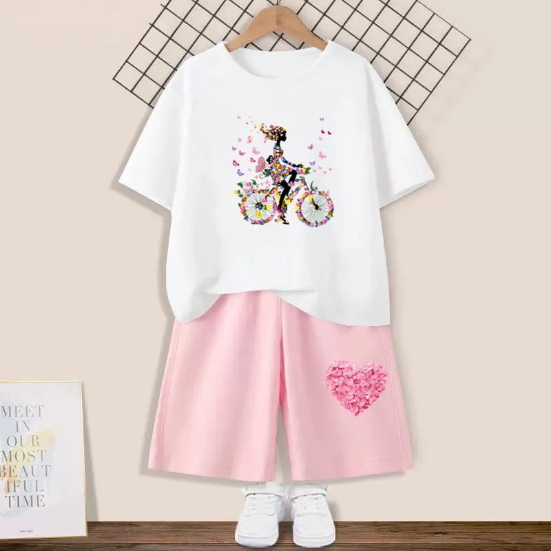 Kids Girls Butterfly High Heel T-shirt +Shorts 2 Piece Tracksuits childrensterritory