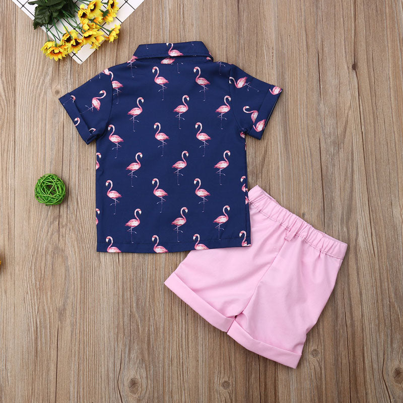 Flamingo Print Kid Boy Party Suit Shirt and Solid Shorts Set childrensterritory