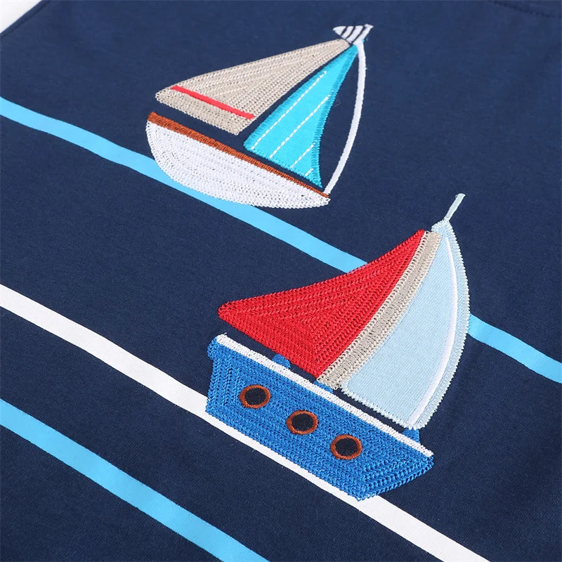 Kids Boat Embroidery Cotton Tees + Shorts Sets for Summer childrensterritory